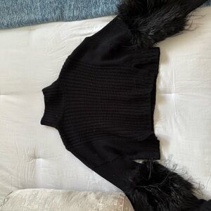 Cozy Black Cowl Neck Sweater with Furry Cuffs